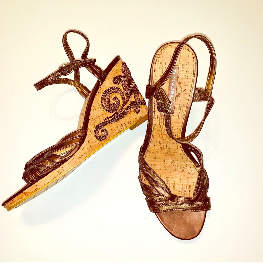 BANDOLINO Bronze Cork and Beaded Wedge Sandals